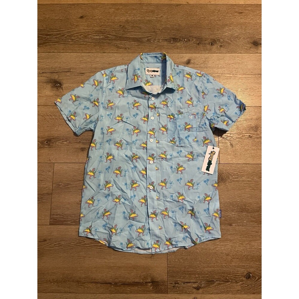 Typsy Elves Mens Blue Short Sleeve Button Up Shirt Dinosaur Print Size Small NWT